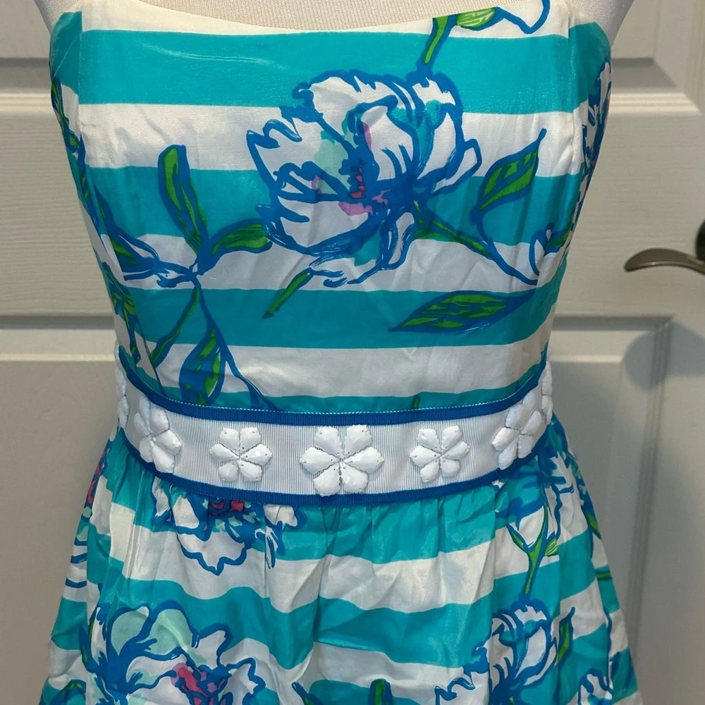 Lilly Pulitzer Langley Strapless Dress Shorely Blue Tossing the Line Preppy - Picture 2 of 5
